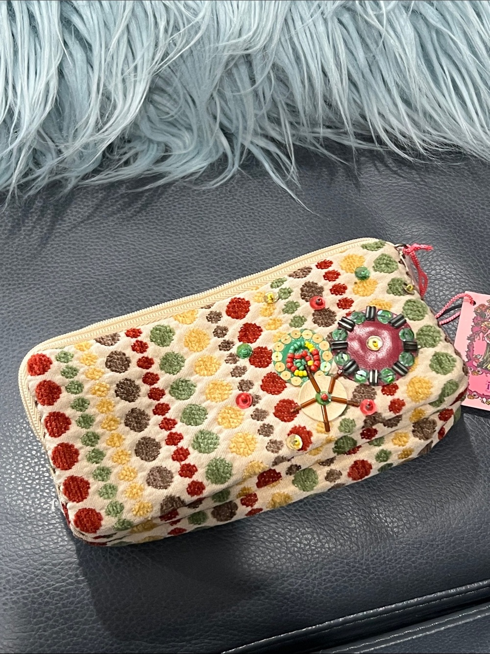 Multicolor Embroidered Small Cosmetic Pouch - Red Lining